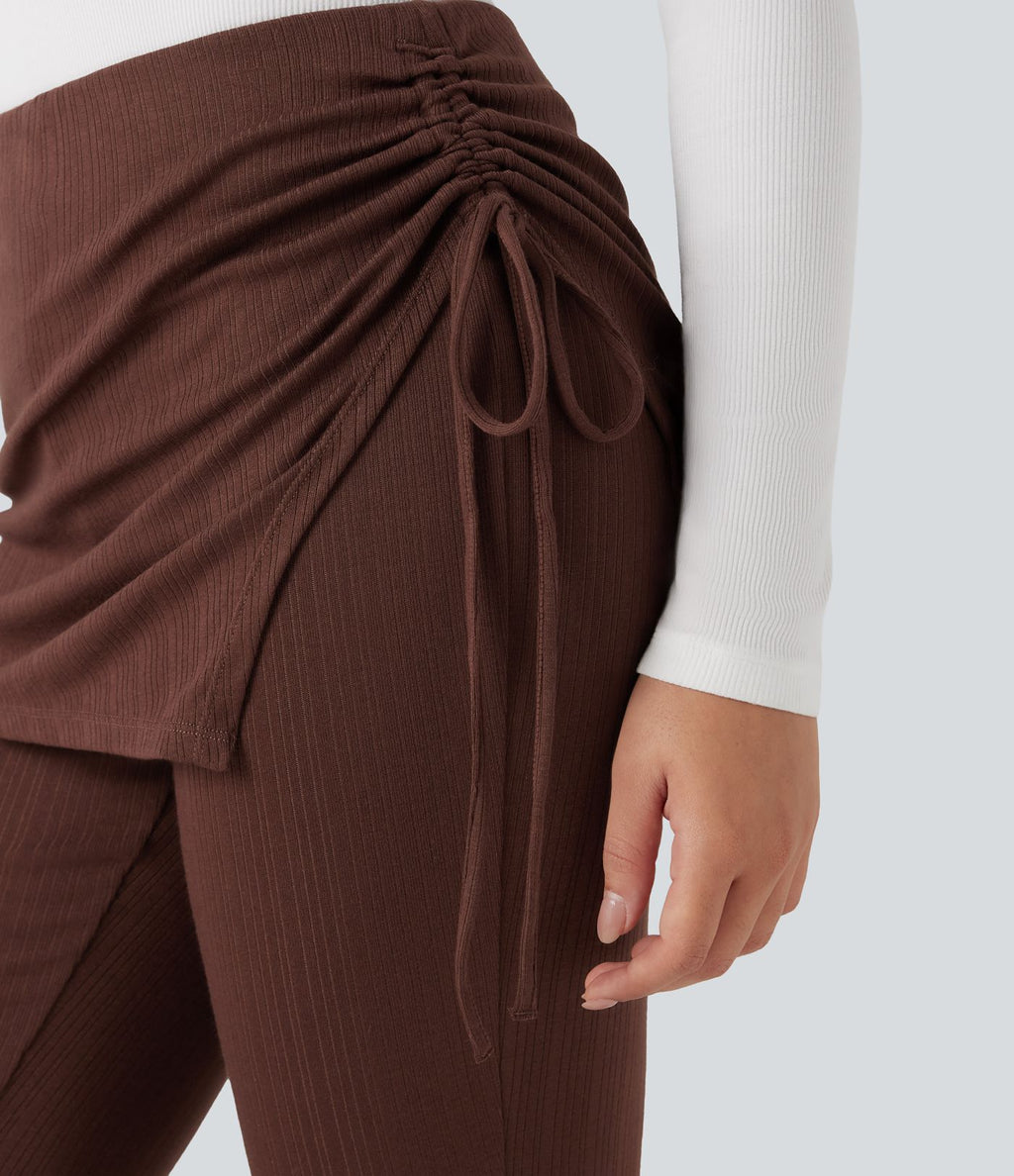 Pantalon évasé côtelé 2-en-1 froncé taille mi-haute avec cordon de serrage