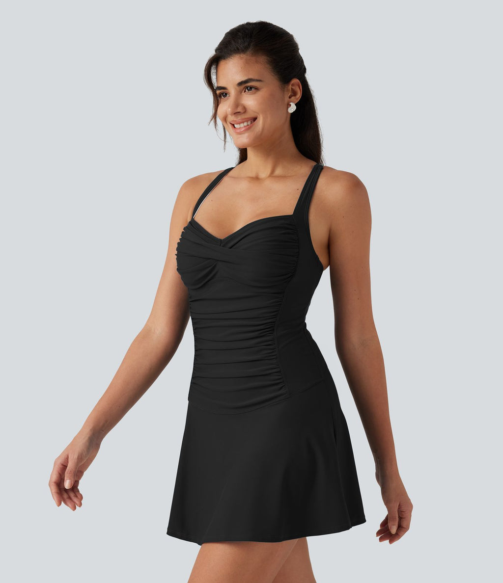 Robe de bain 2-en-1 push-up gainante à encolure Queen Anne avec bretelles ajustables, design torsadé, fronces, brassière intégrée et poches
