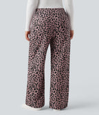 Pantalon léopard ample décontracté velours côtelé imprimé taille haute avec poches