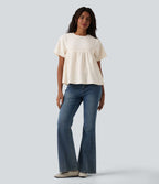T-shirt décontracté col rond manches courtes ourlet à volants aspect lin