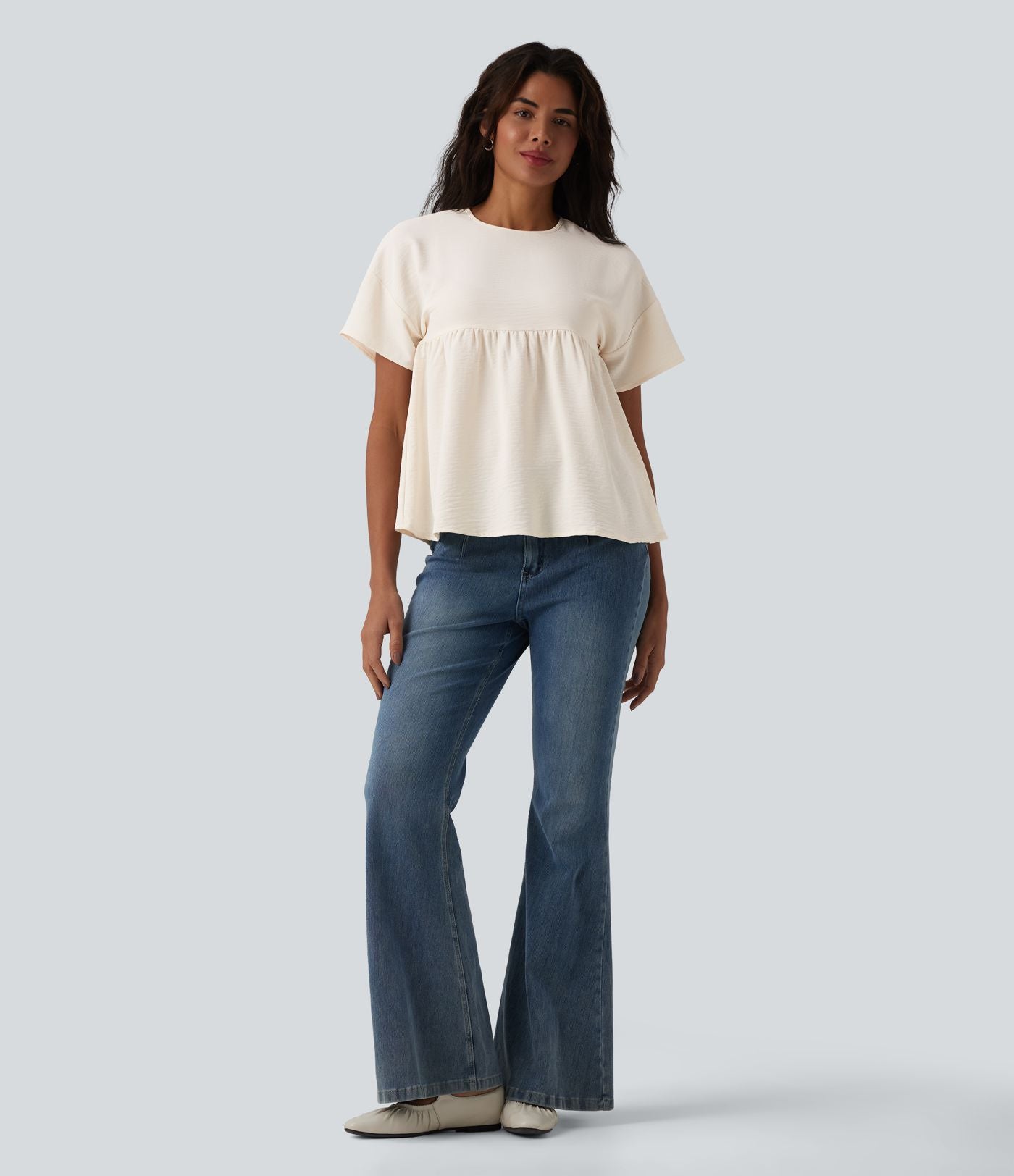 T-shirt décontracté col rond manches courtes ourlet à volants aspect lin