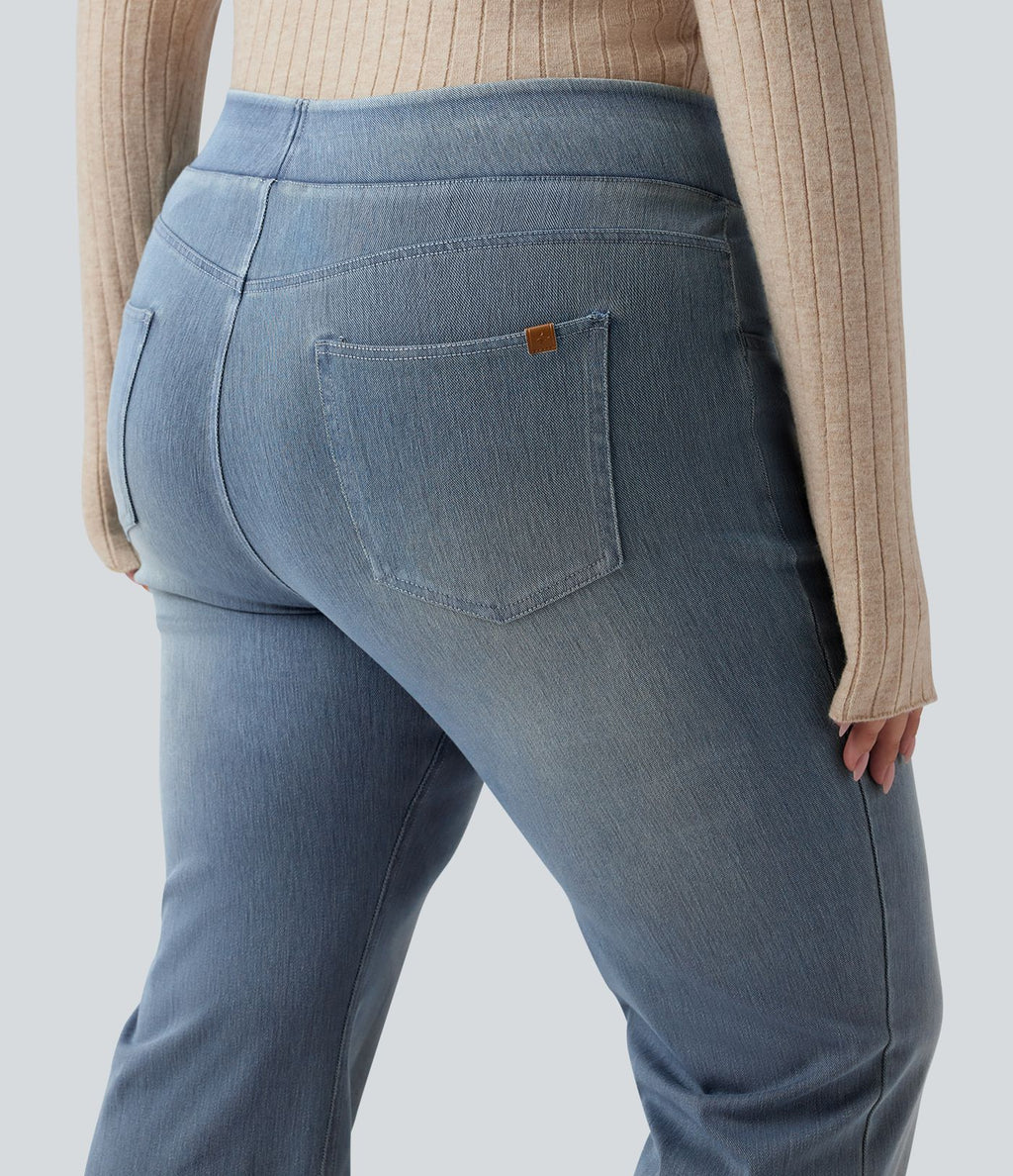 Jean décontracté Halara Flex™ grande taille bootcut taille haute en maille extensible délavée avec multiples poches