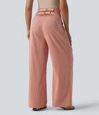 Pantalon large casual aspect lin taille très haute smocké réglable avec poches
