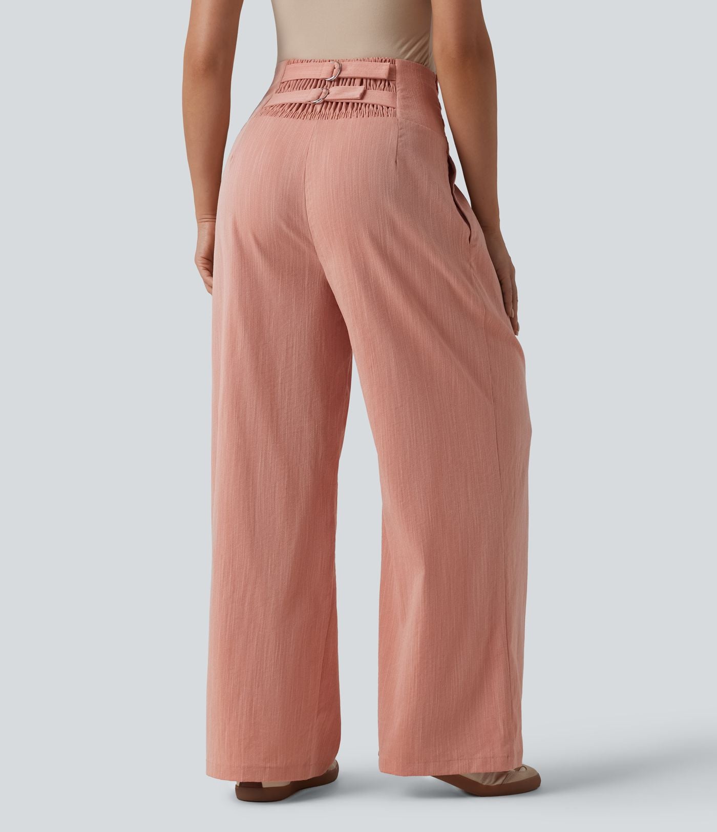 Pantalon large casual aspect lin taille très haute smocké réglable avec poches