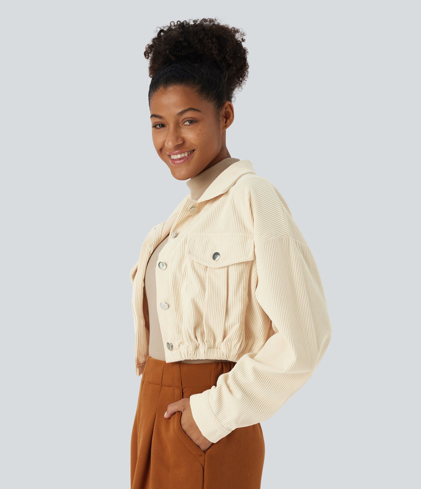 Veste Casual en Velours Côtelé à Boutons Poches Col Court