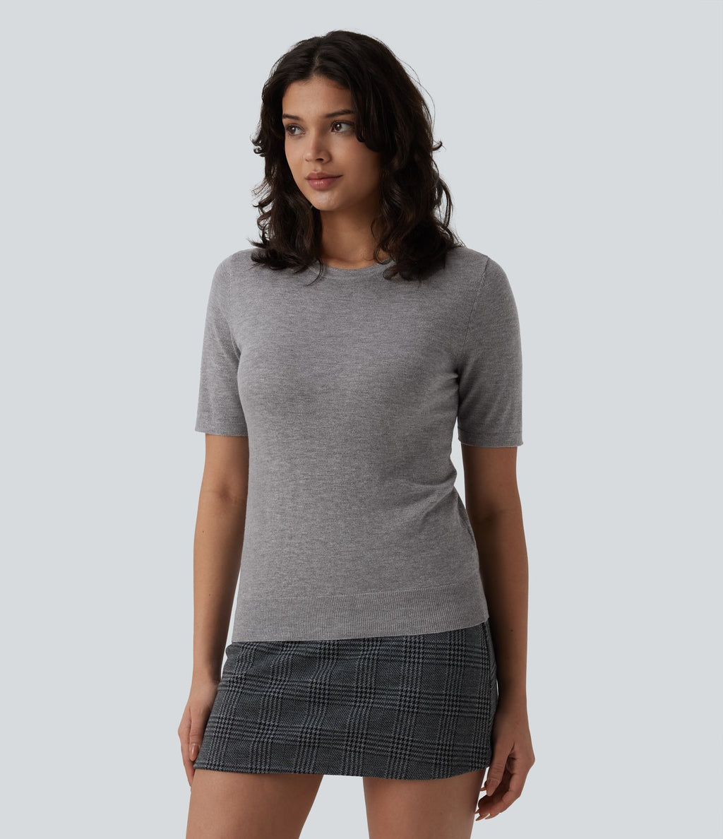Pull tailleur ajusté col rond manches courtes mélange soie-laine