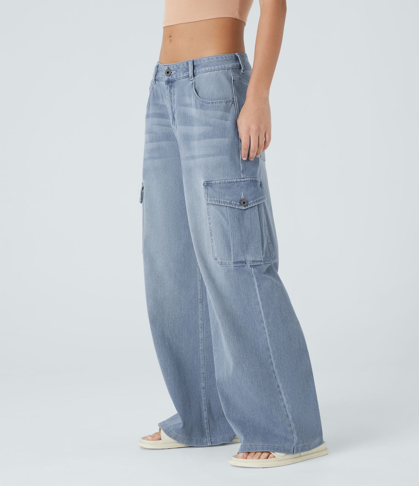 Jean cargo décontracté Halara Flex™ à taille basse, jambes larges, poches multiples et tissu extensible
