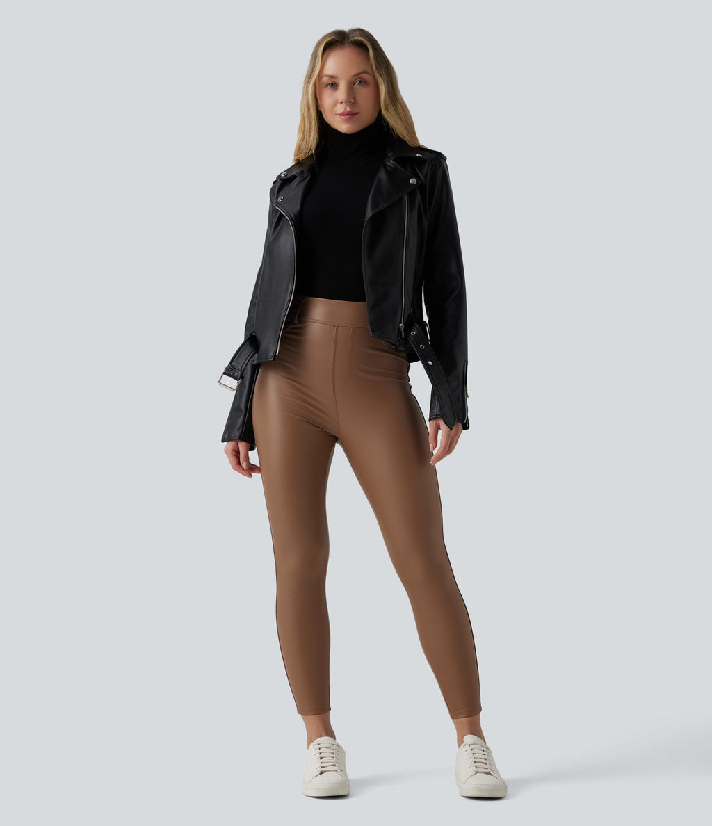 Pantalon polaire simili cuir extensible taille haute avec poches