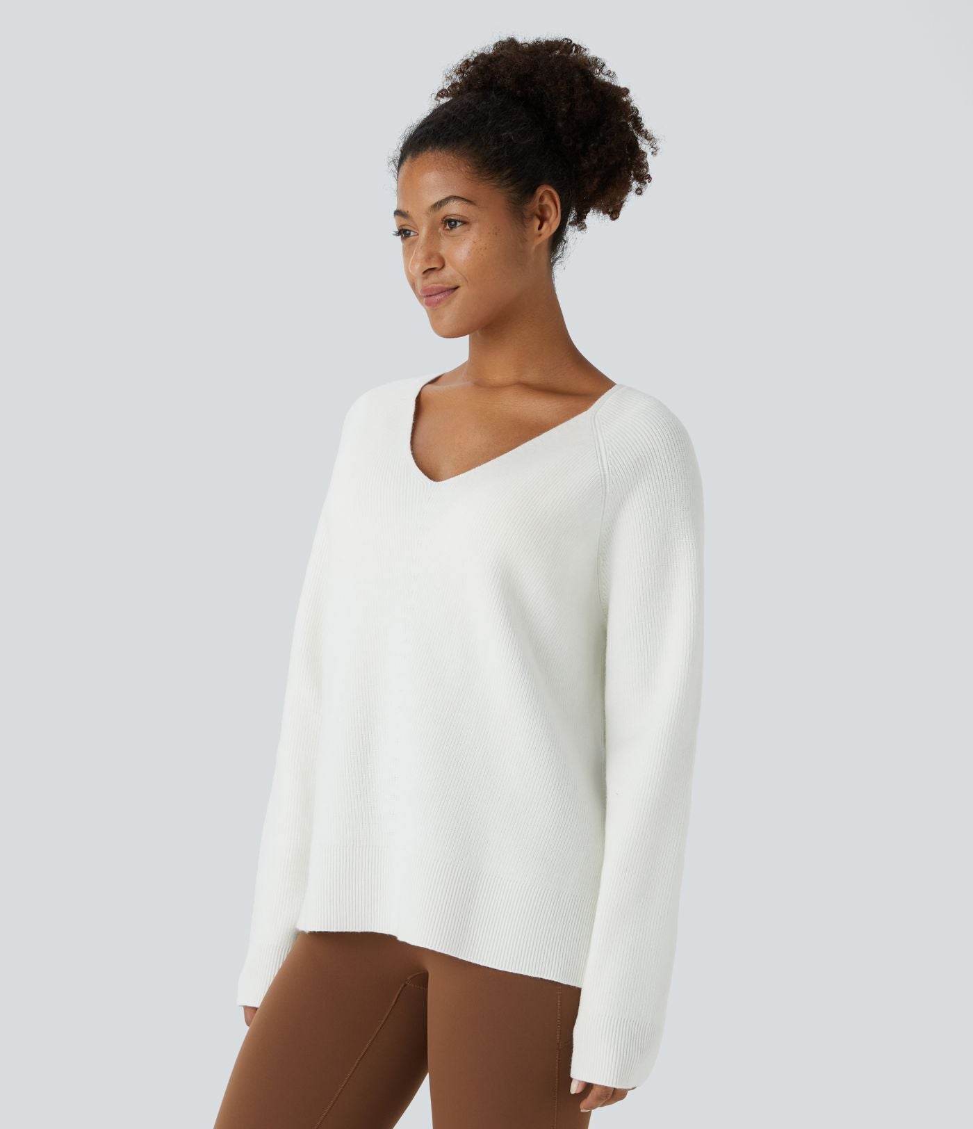 Pull décontracté fendu à col en V et manches longues