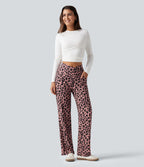 Pantalon large décontracté taille haute croisé imprimé léopard en tissu gaufré avec poches