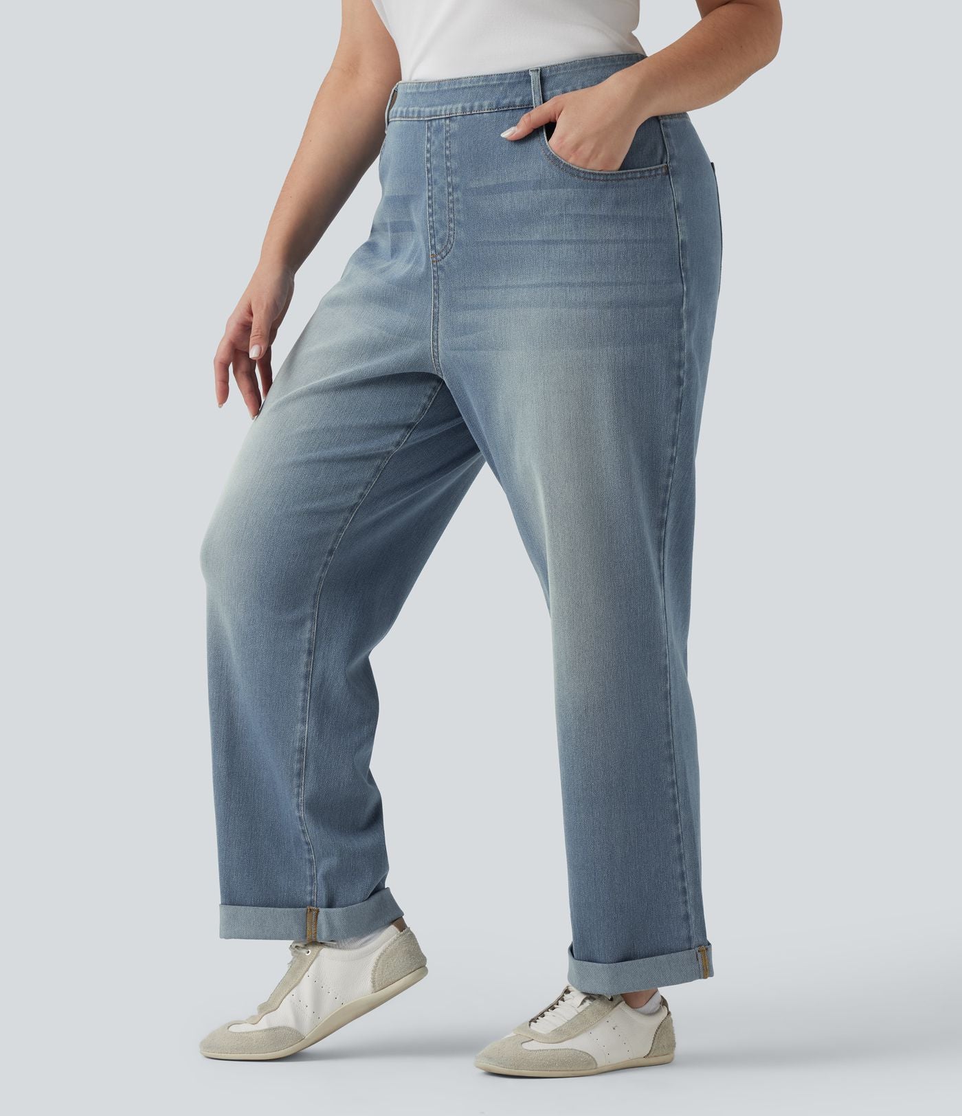 Plus Size Halara Flex™ Jean slim décontracté taille haute ourlet roulotté avec poches