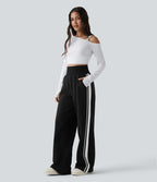 Pantalon de jogging casual coton large gainant à rayures taille haute avec poches
