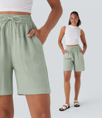 Short décontracté effet lin taille haute avec cordon de serrage et poches latérales
