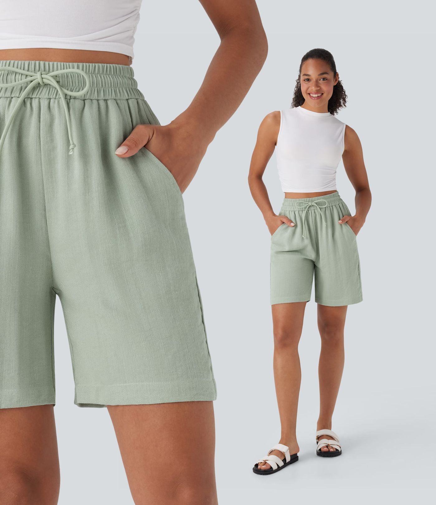 Short décontracté effet lin taille haute avec cordon de serrage et poches latérales