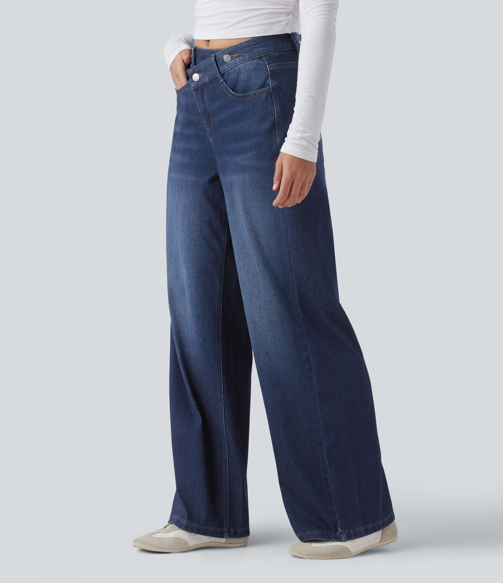 Jean baggy asymétrique Halara Flex™ taille haute effet délavé avec poches