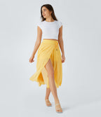 Jupe Casual Évasée Mesh Mi-Longue Fuide 2 en 1 Contrastée Taille Haute Cordon Poche Latérale