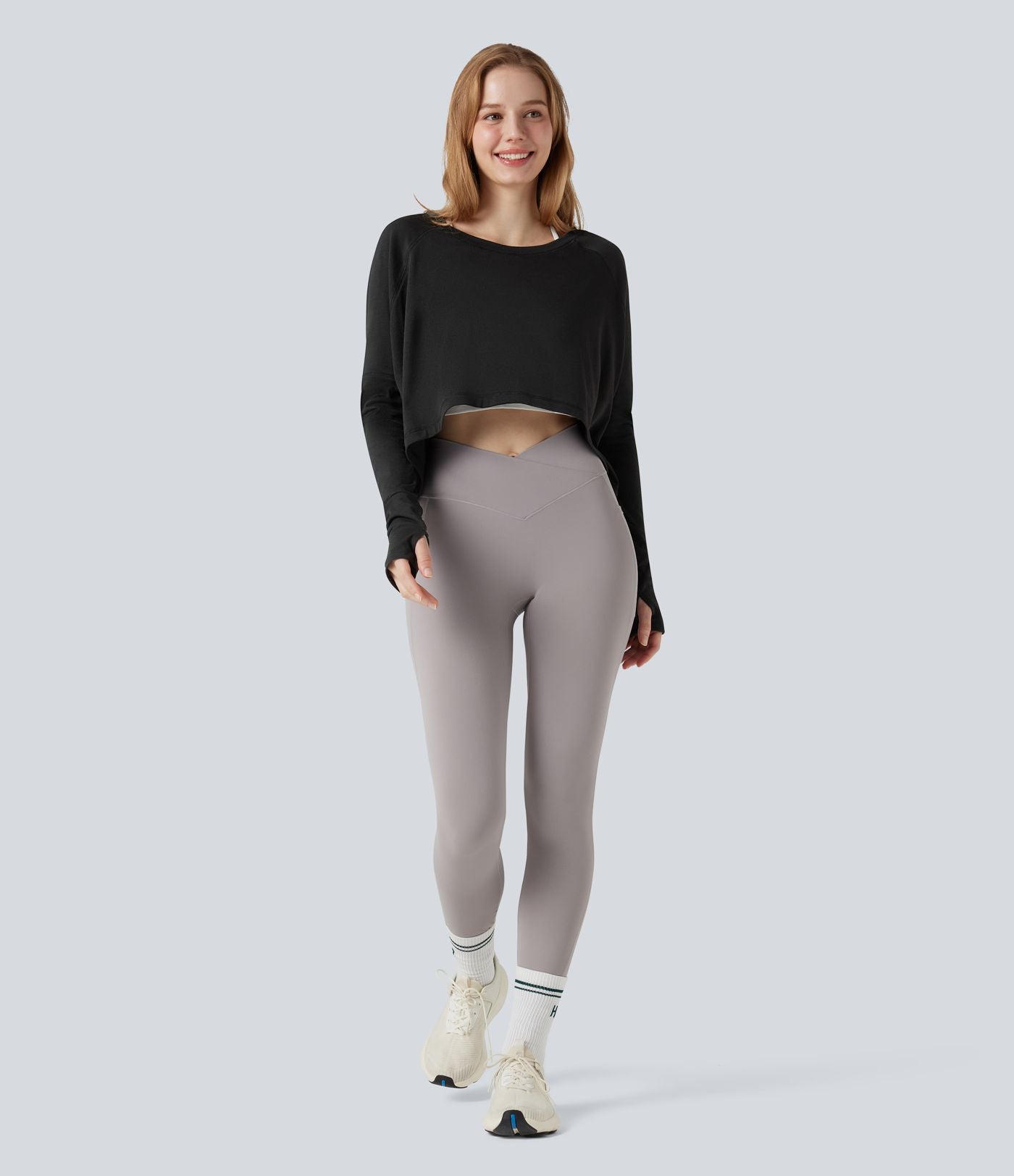 Top de sport running asymétrique col rond coupe décontractée manches longues avec trous pouces