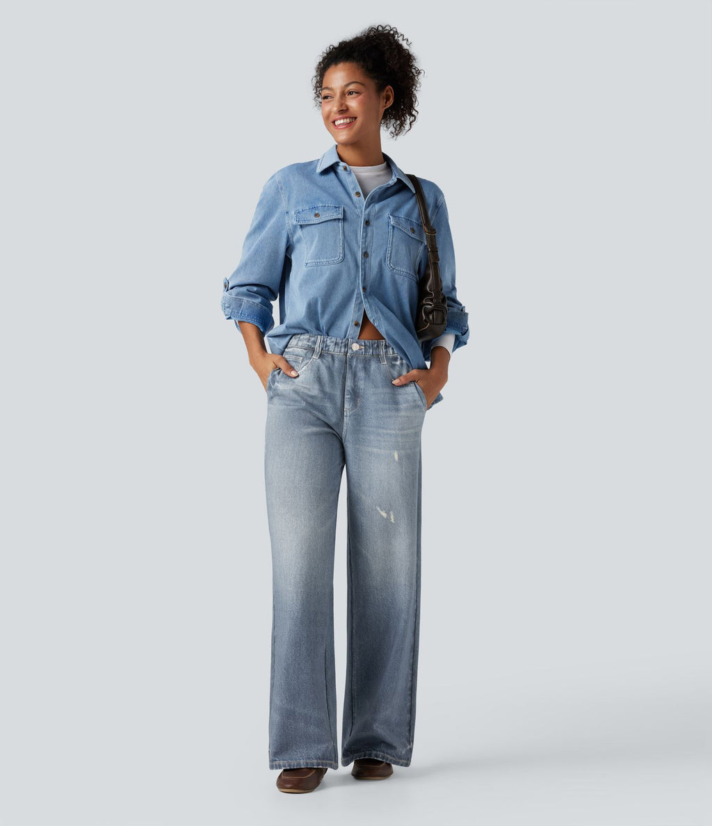 Jogging jean décontracté en molleton French Terry imprimé denim taille mi-haute avec poches