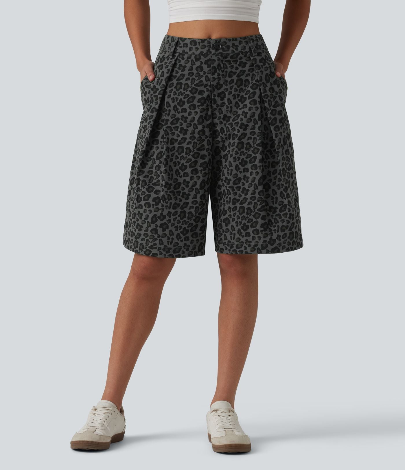 Short ample décontracté à imprimé léopard taille mi-haute, 25 cm, avec poches