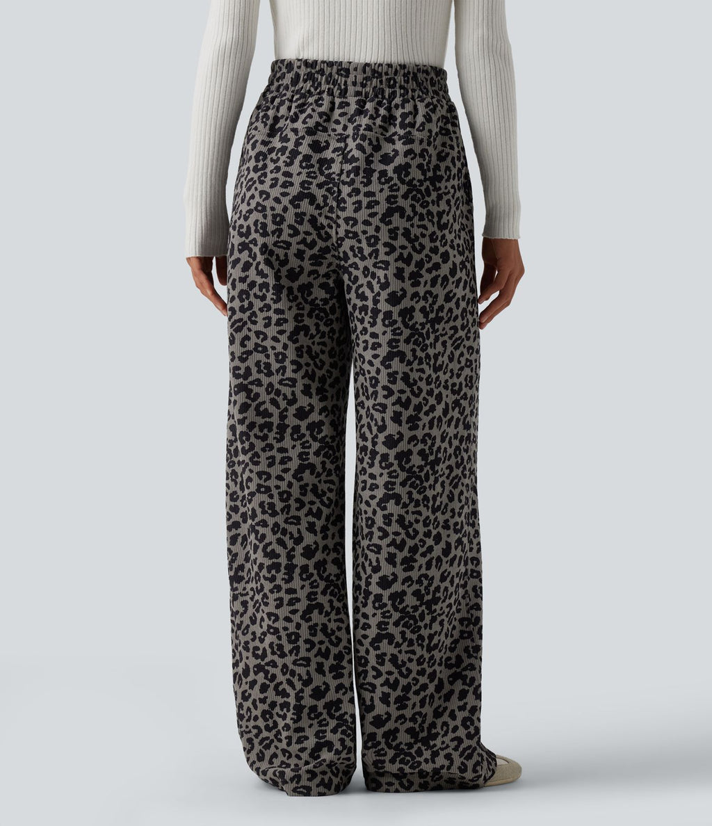 Pantalon léopard velours côtelé imprimé coupe droite mop taille haute avec poches