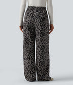 Pantalon léopard velours côtelé imprimé coupe droite mop taille haute avec poches