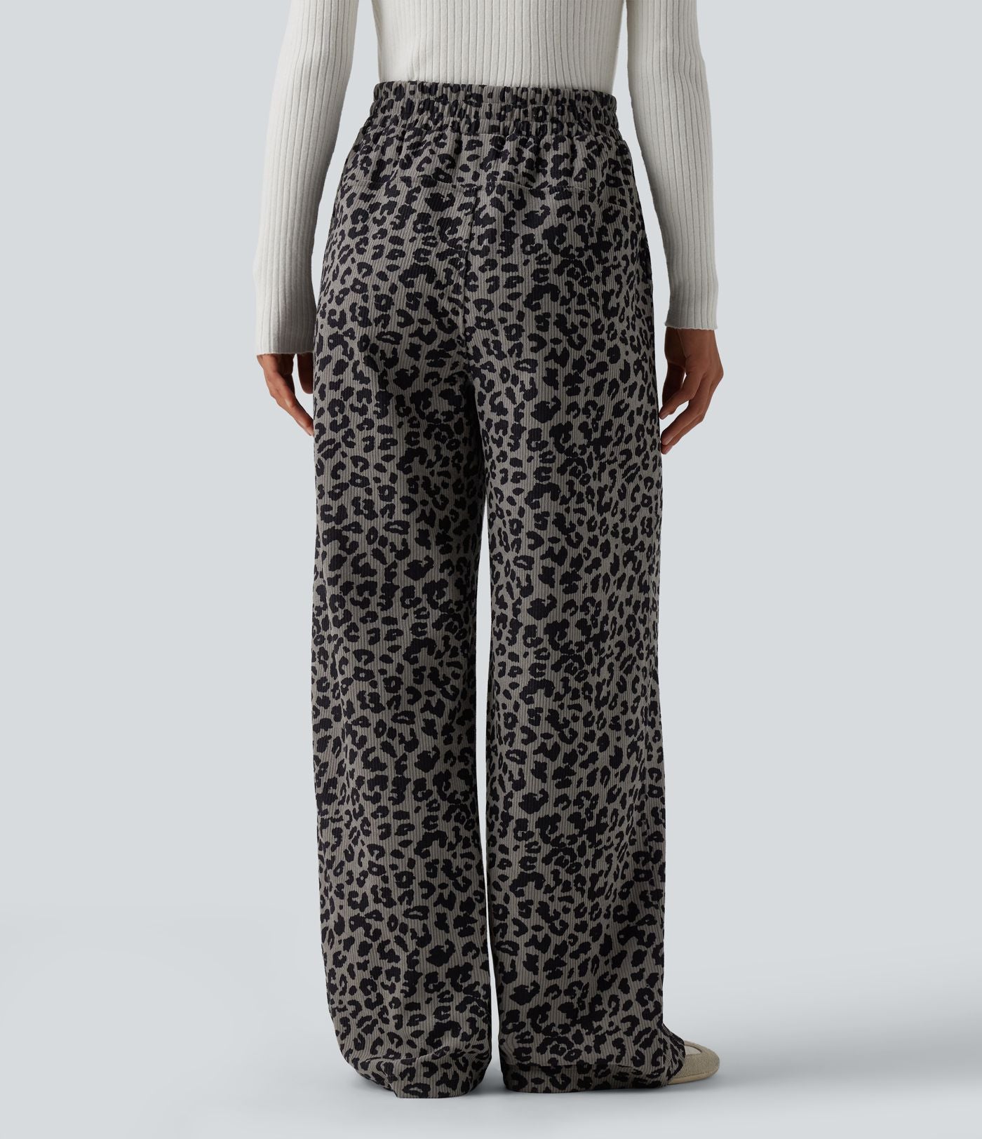 Pantalon léopard velours côtelé imprimé coupe droite mop taille haute avec poches