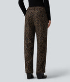 Pantalon velours côtelé imprimé léopard coupe droite taille mi-haute avec poches