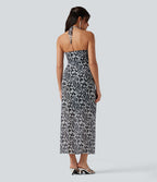 Robe maxi imprimé léopard dos nu à nouer avec brassière intégrée