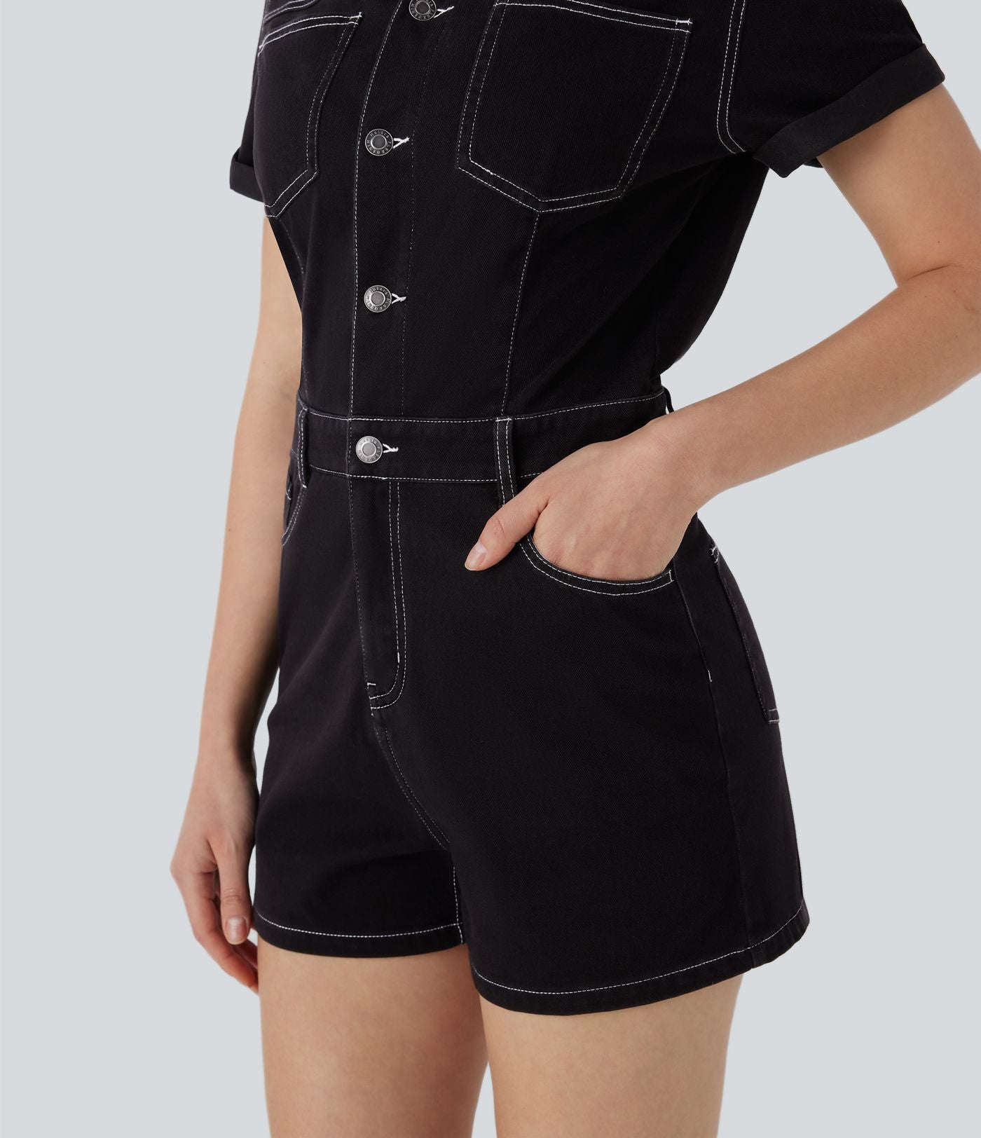 Halara Flex™ combi-short utilitaire à col et manches courtes en jean extensible délavé avec poches multiples