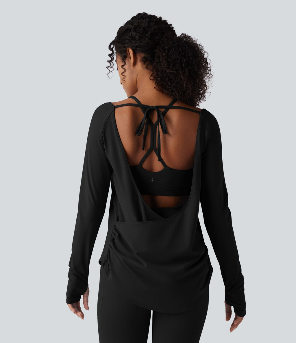 Top de sport yoga 2-en-1 SoftlyZero™ Airy dos nu croisé à manches longues avec passage de pouce, fronces et ourlet courbe - UPF50+