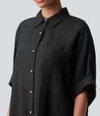 Chemise décontractée effet lin à manches mi-longues avec poche