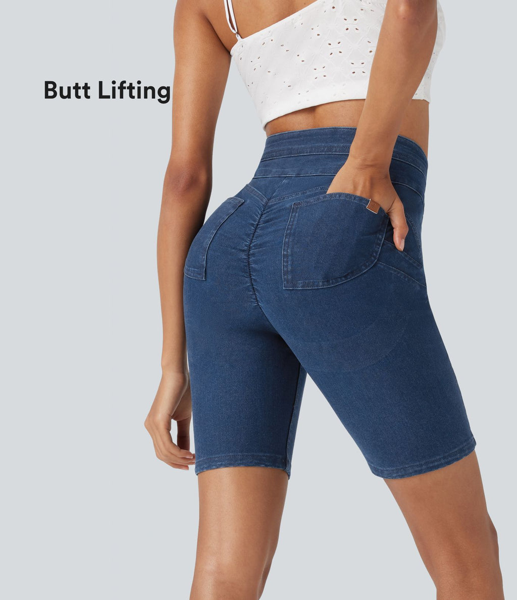 Short cycliste casual denim Halara Flex™ tricot extensible taille haute effet push-up avec poches