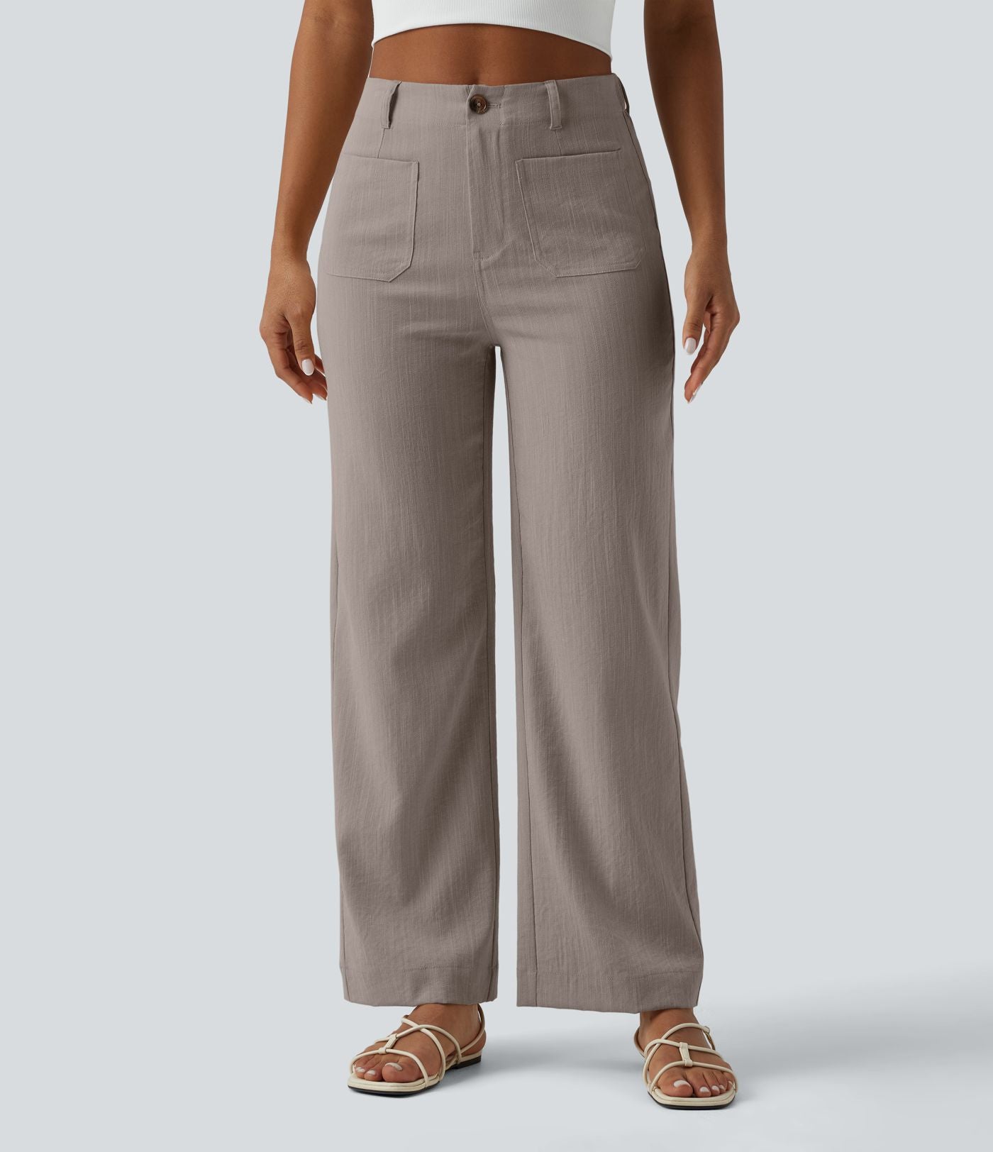 Pantalon taille haute coupe droite effet lin avec poches