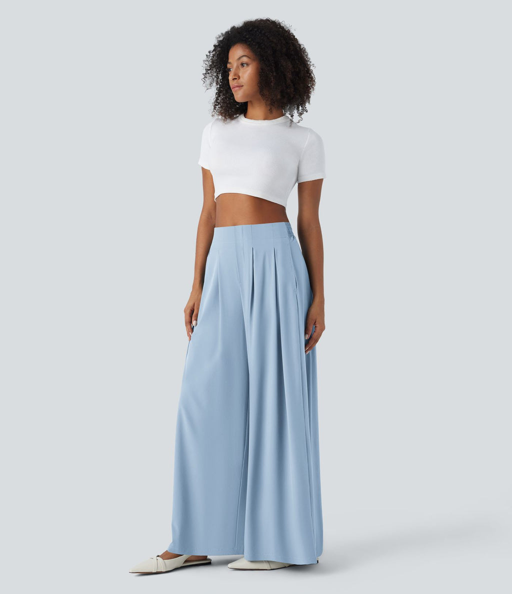 Breezeful™ Pantalon Large Fluide Taille Haute Plis Poches Latérales et Taille Élastique Séchage Rapide