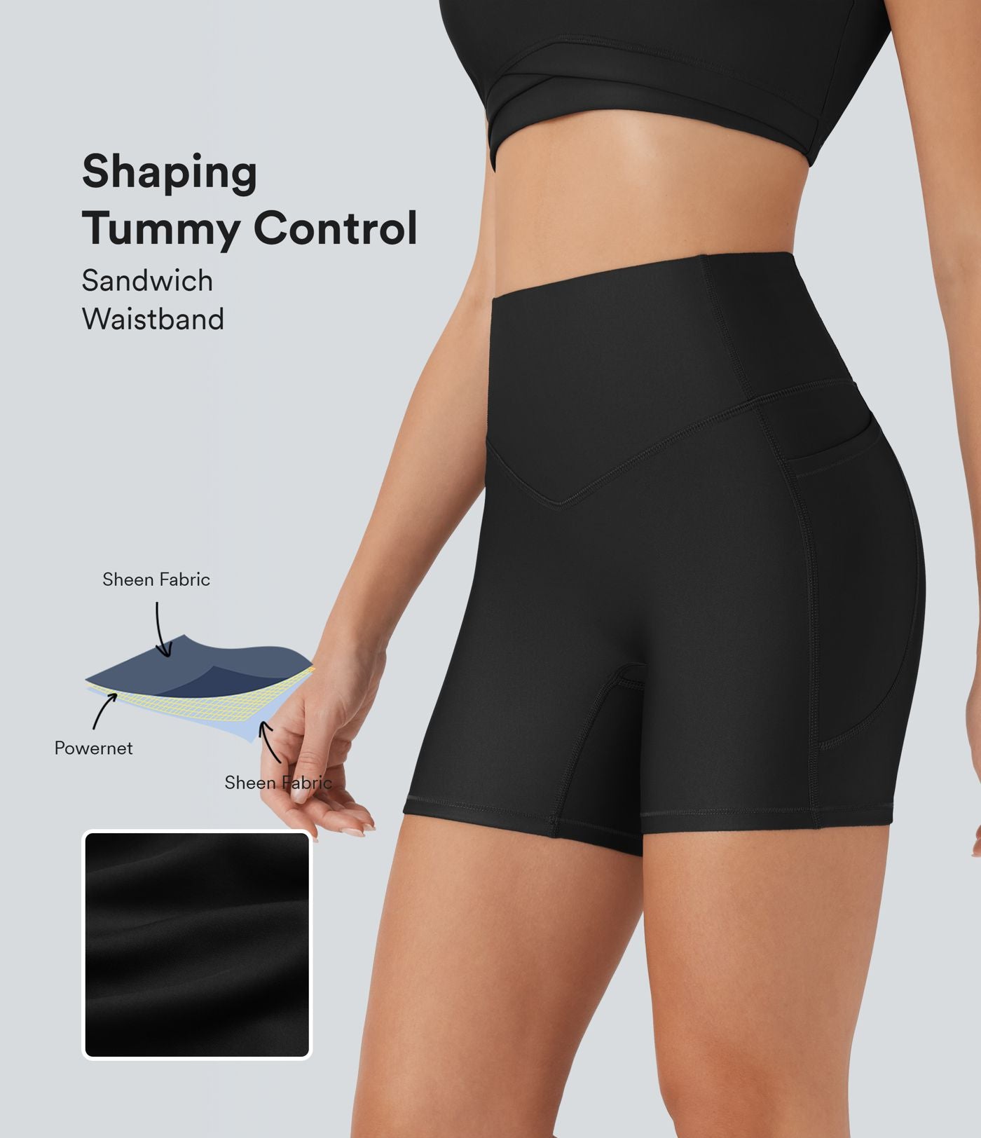 Short cycliste 12,5 cm de course gainant taille haute brillant avec poches