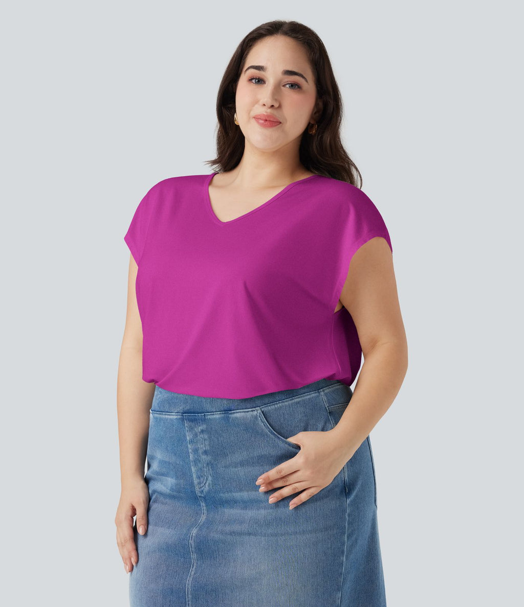 T-shirt décontracté grande taille col V manches courtes