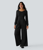 Combinaison-pantalon ample décontractée dos nu col rond à manches longues avec poches