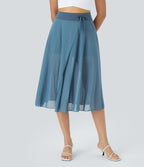 Jupe Casual Évasée Mesh Mi-Longue Fuide 2 en 1 Contrastée Taille Haute Cordon Poche Latérale