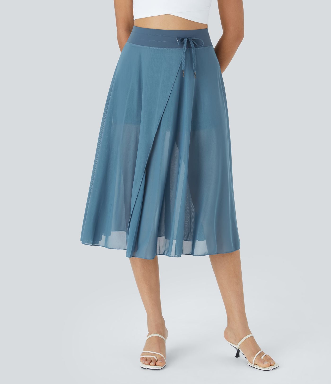 Jupe Casual Évasée Mesh Mi-Longue Fuide 2 en 1 Contrastée Taille Haute Cordon Poche Latérale