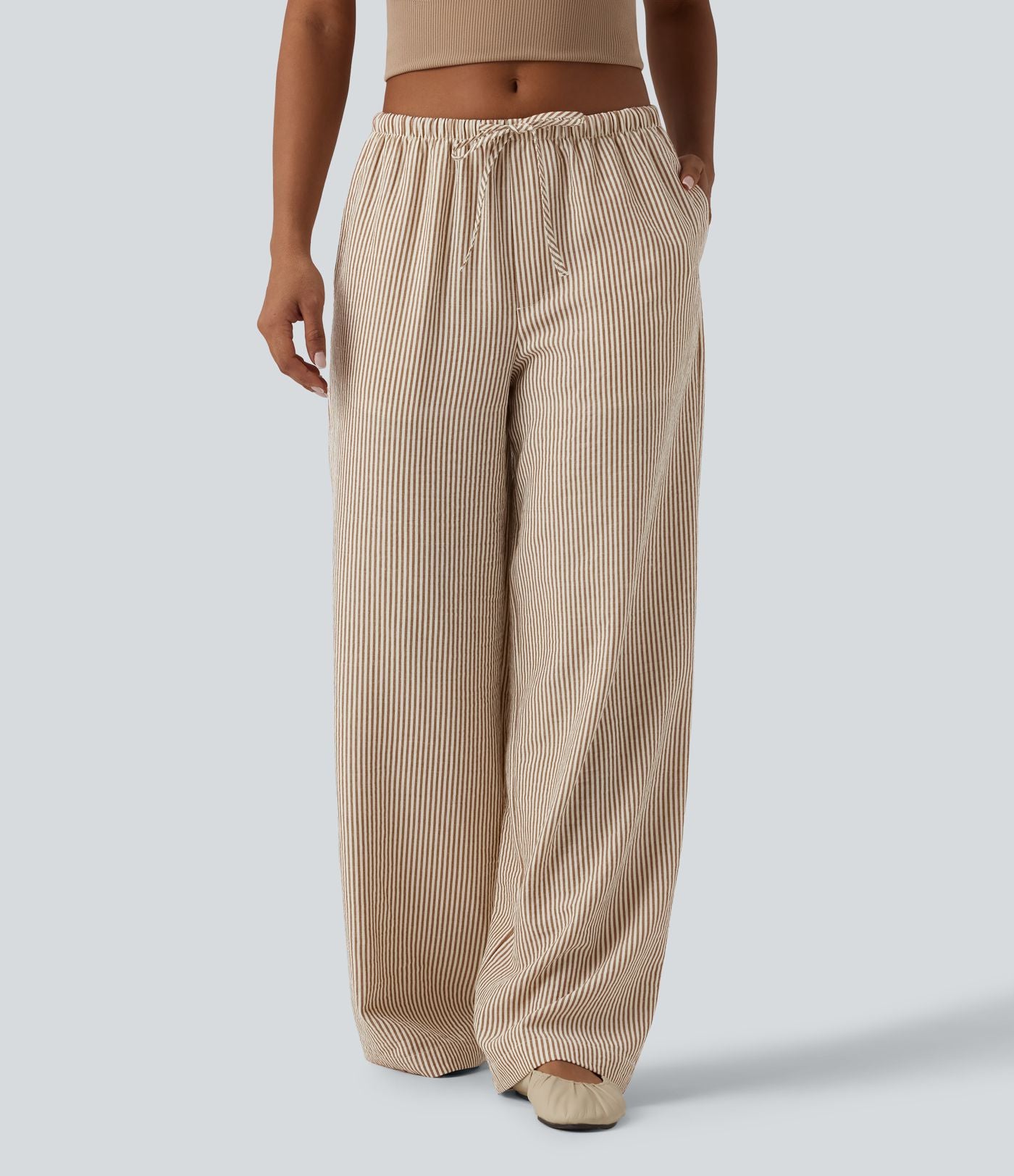 Pantalon large casual taille basse aspect lin rayures avec cordon de serrage et poches