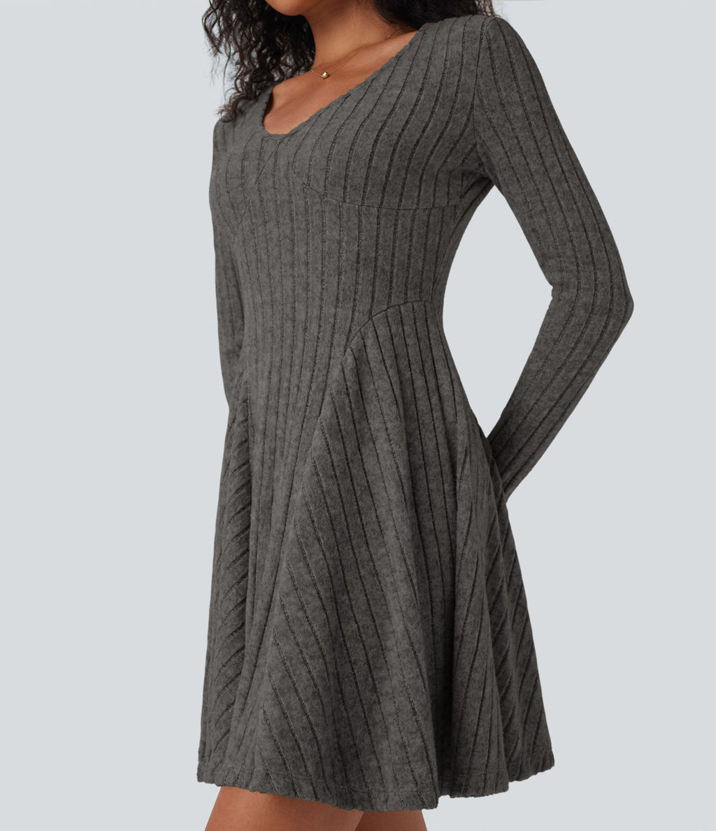 Robe décontractée mini évasée maille côtelée col V manches longues