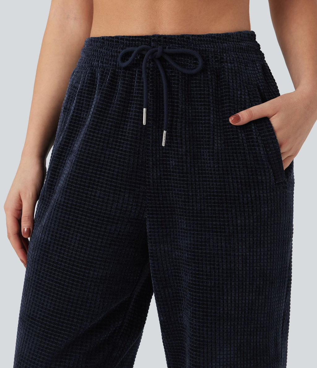 Pantalon décontracté chenille gaufré taille haute avec cordon de serrage et poches