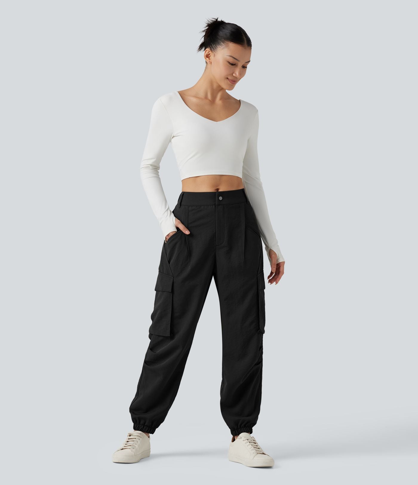 Jogging cargo décontracté, taille moyenne, à poches