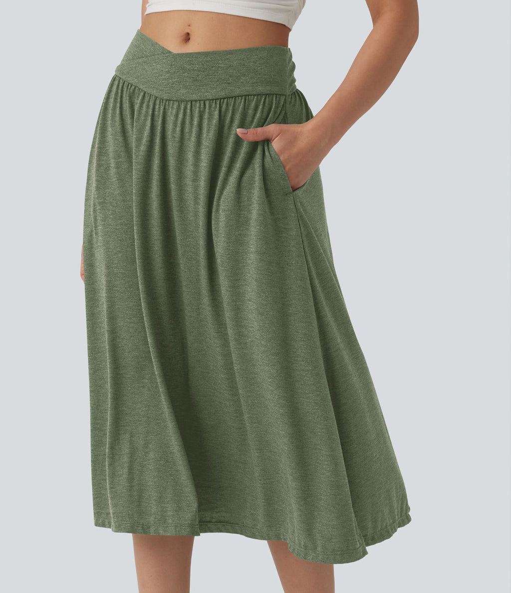 Jupe midi casual fluide croisée taille haute avec poches