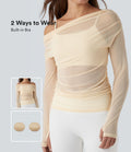 Top sport yoga 2-en-1 asymétrique une épaule manches longues mesh à fronces et trous pour les pouces