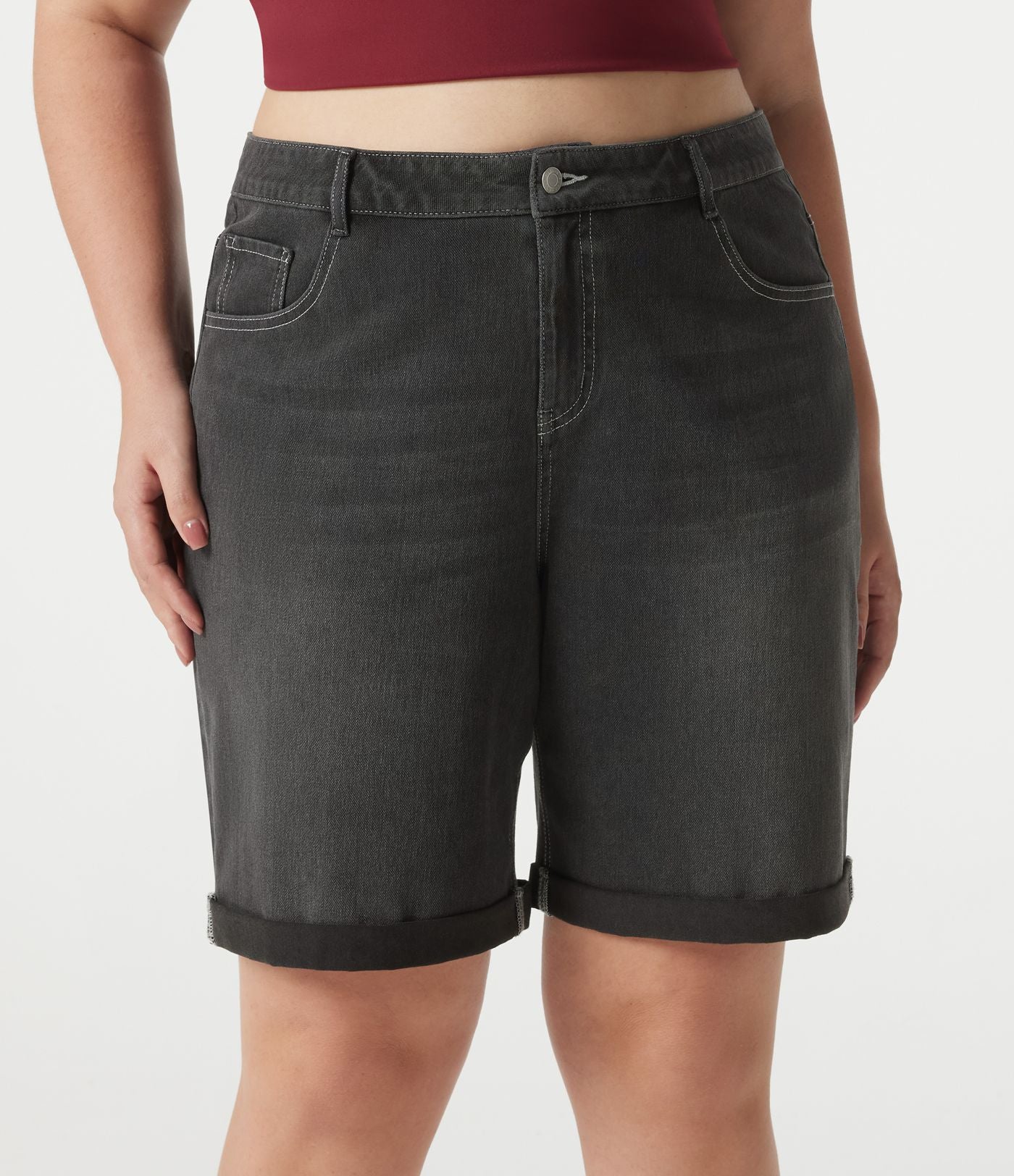 Short bermuda casual denim grande taille Halara Flex™ tricot extensible délavé taille haute multiples poches ourlet roulotté