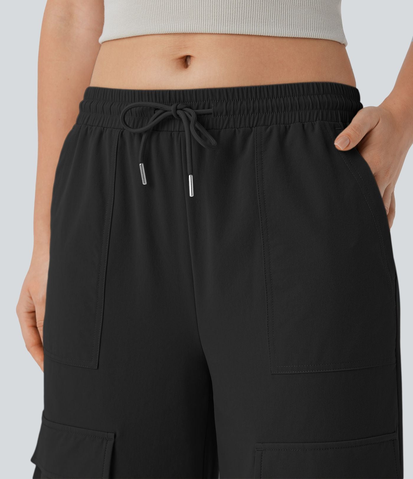 Pantalon cargo décontracté large à cordon, taille mi-haute, avec poches