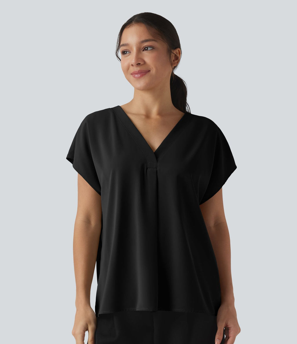 Blouse esprit bureau oversize défroissage facile, col V et manches courtes