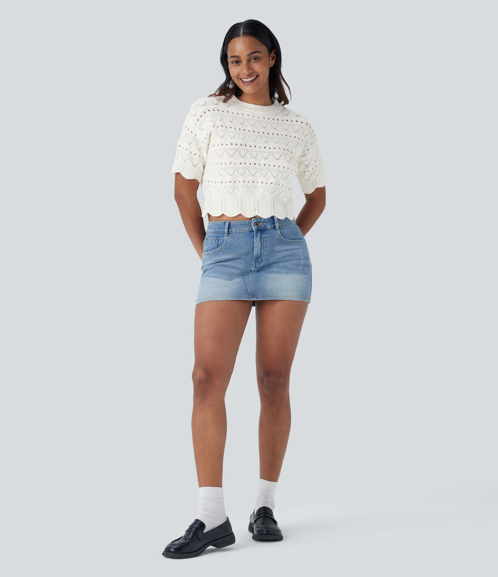 Pull décontracté en maille ajourée à col rond, manches courtes et bordure festonnée