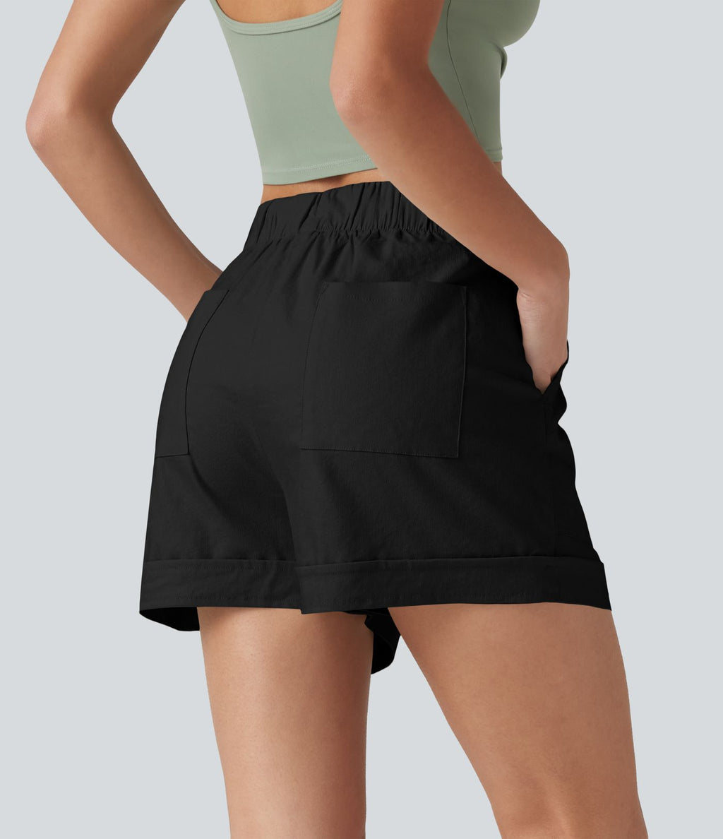 Short ample décontracté taille haute en coton et lin, cordon de serrage, ourlet retroussé et poches